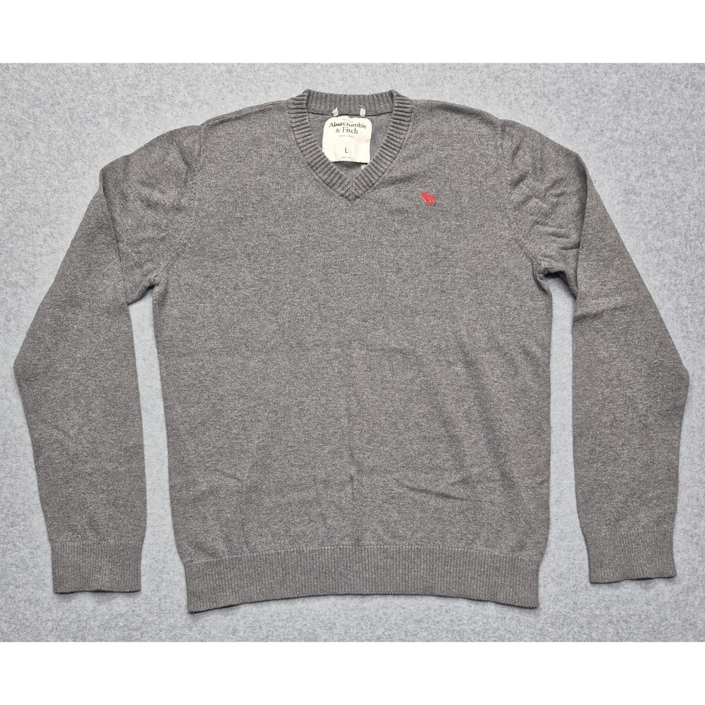 Vtg Abercrombie & Fitch Sweater Mens L Gray V-Neck Long Sleeve Ribbed Pullover